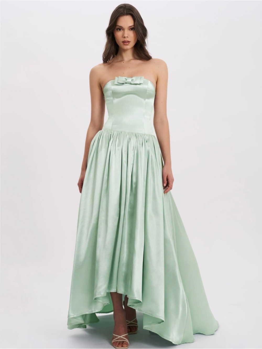 Strapless Green Satin High-Low Evening Dress